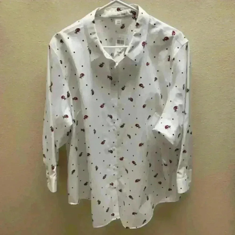 Coldwater Creek White Button-Up Shirt with Red & Green Paisley Motifs
